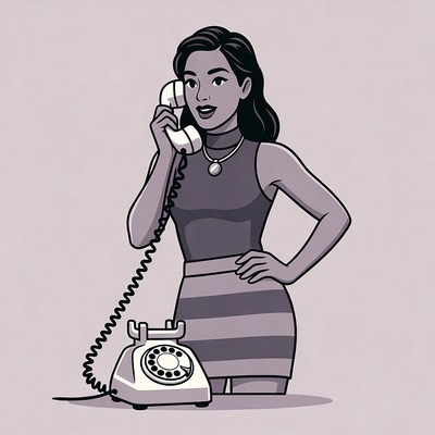 Asian woman talking on retro phone