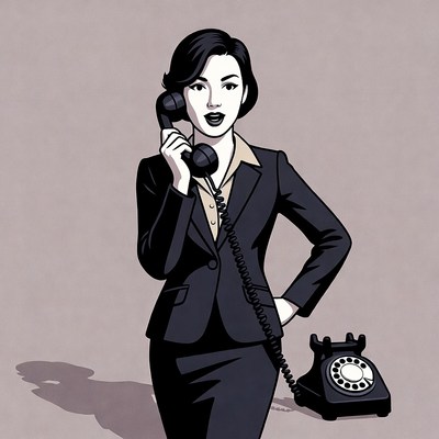 Asian woman talking on vintage phone
