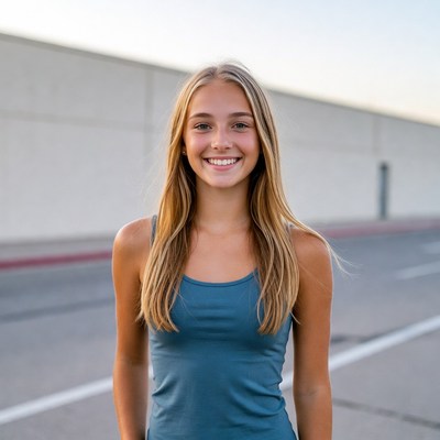 Blonde girl smiling by concrete wall