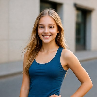 Teen girl smiling in blue tank top