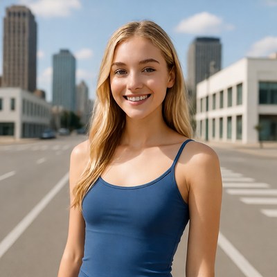 Blonde woman smiling in city street