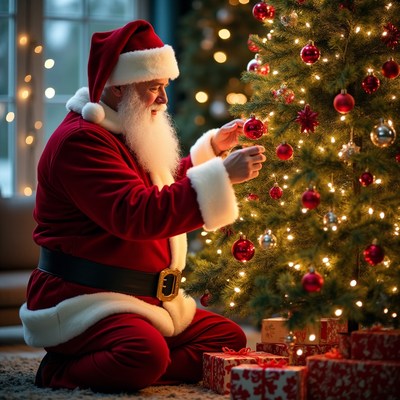 Santa Claus decorating Christmas tree