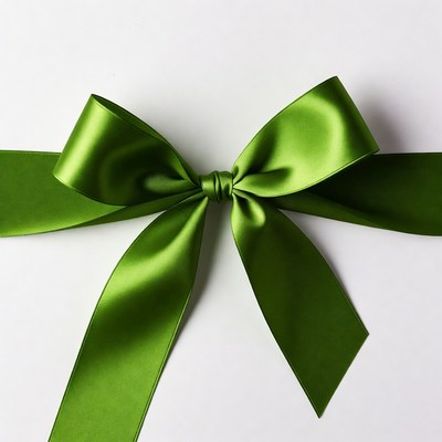 Green Satin Bow on White Background