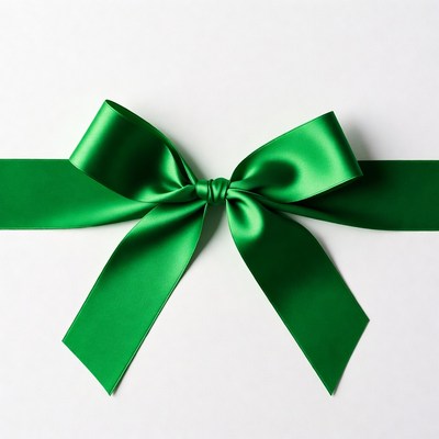 Green satin bow on white background