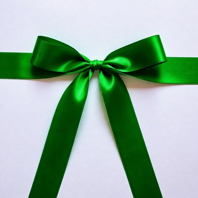 Green satin bow on white background