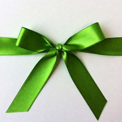 Green satin bow on white background