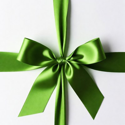 Green satin ribbon bow on white