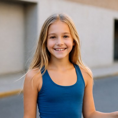 Blonde girl smiling in blue tank top