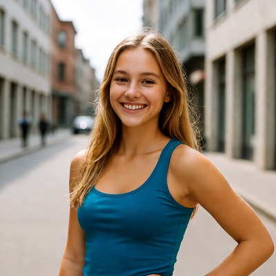 Smiling blonde girl in blue tank top on street