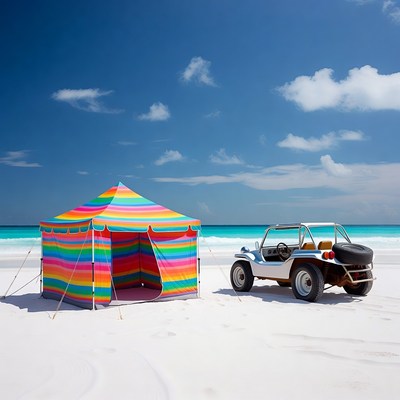 Colorful Tent and Dune Buggy on Beach
