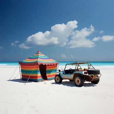 Colorful tent and dune buggy on beach