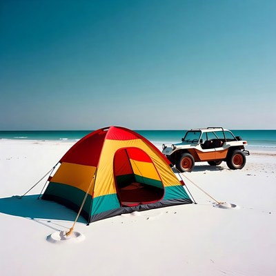 Colorful tent and jeep on beach