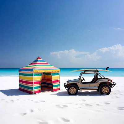 Colorful Beach Tent with Jeep and Surfboard