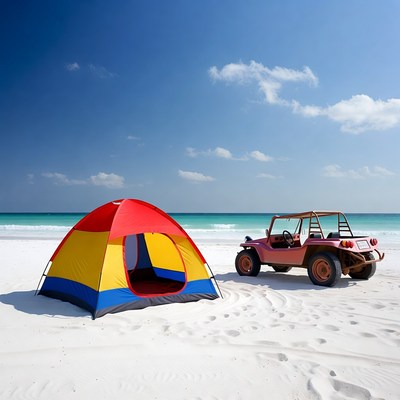 Colorful tent and jeep on beach