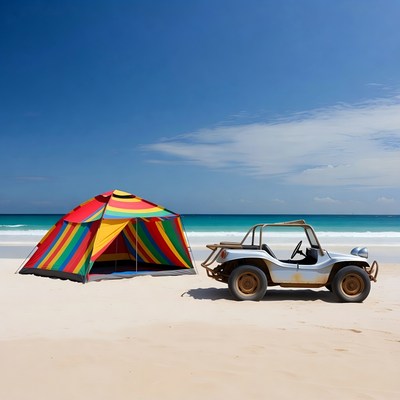 Colorful tent and dune buggy on beach