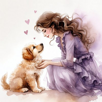 Woman hugging golden retriever puppy illustration