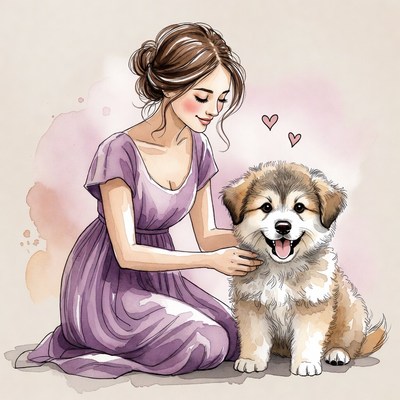 Woman petting cute puppy