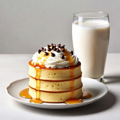 Stack of pancakes with whipped cream and milk