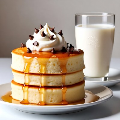 Stack of pancakes with whipped cream and milk