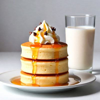 Stack of Pancakes with Whipped Cream and Milk
