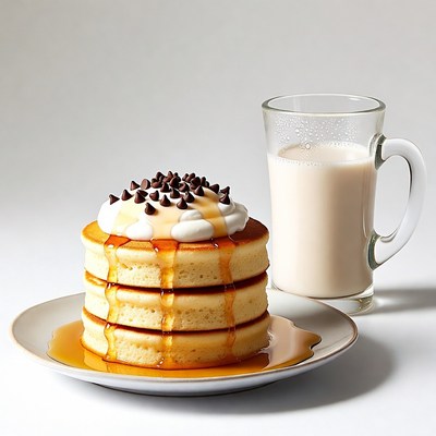 Stack of Pancakes with Whipped Cream and Milk