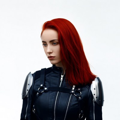 Redhead woman in black leather armor