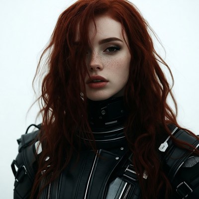 Redhead woman in black leather armor