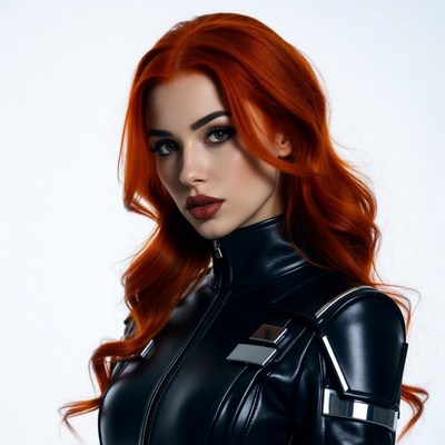 Redhead woman in black leather suit