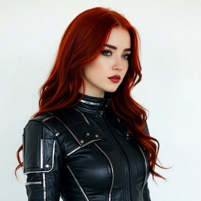 Redhead woman in black leather jacket