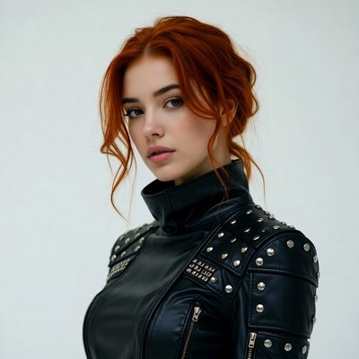 Redhead woman in black leather jacket
