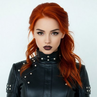 Redhead woman in black leather jacket