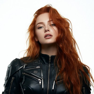 Redhead woman in black leather jacket