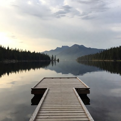 Wooden Dock on Calm Mountain Lake