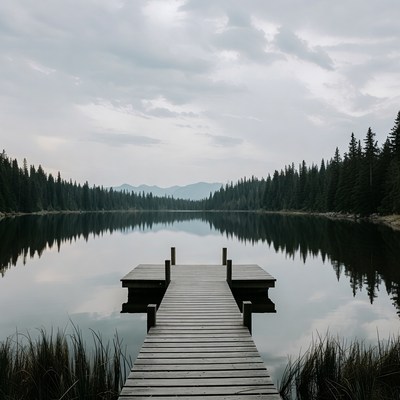Wooden pier over calm mountain lake