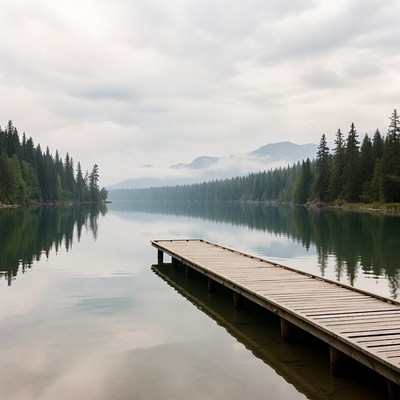 Wooden pier on misty mountain lake