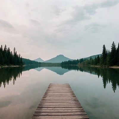 Wooden Pier Over Calm Mountain Lake