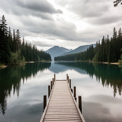 Wooden Pier Over Calm Mountain Lake