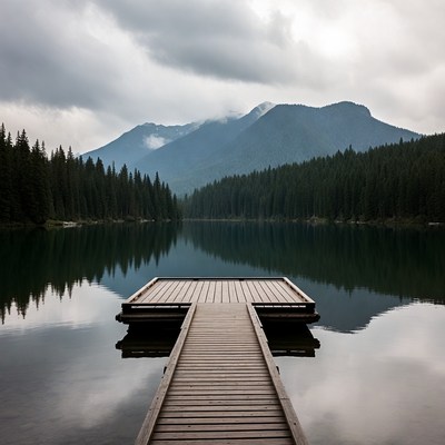 Wooden Dock Over Calm Mountain Lake