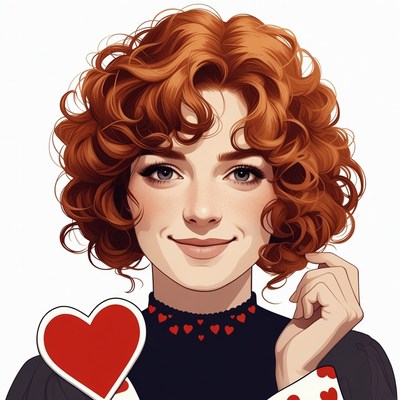 Smiling woman with curly red hair holding heart