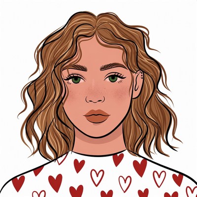 Woman with wavy hair and heart shirt