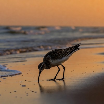 Sanderling foraging on beach at sunset
