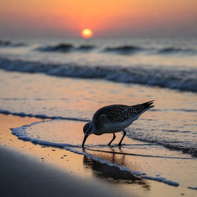 Sanderling foraging at sunset beach