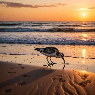 Sanderling foraging on beach at sunset
