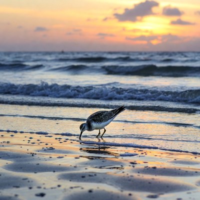 Sanderling foraging on beach at sunset