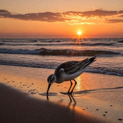 Sanderling foraging on beach at sunset
