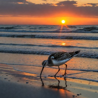 Sanderling foraging at sunset beach