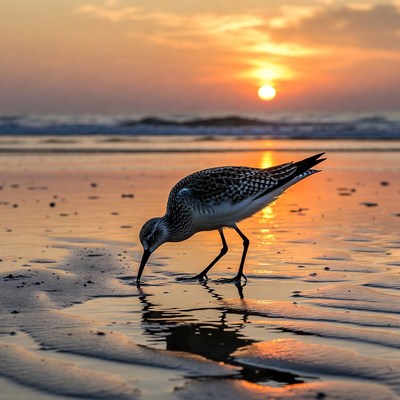 Sanderling foraging at sunset beach