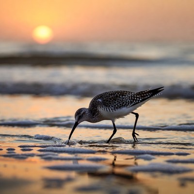 Semipalmated Sandpiper foraging at sunset beach