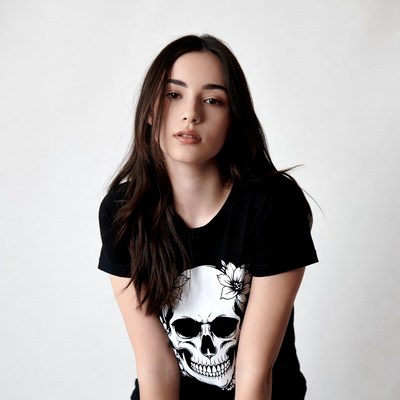 Woman in black skull t-shirt