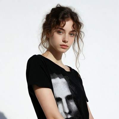Woman in black t-shirt with face print